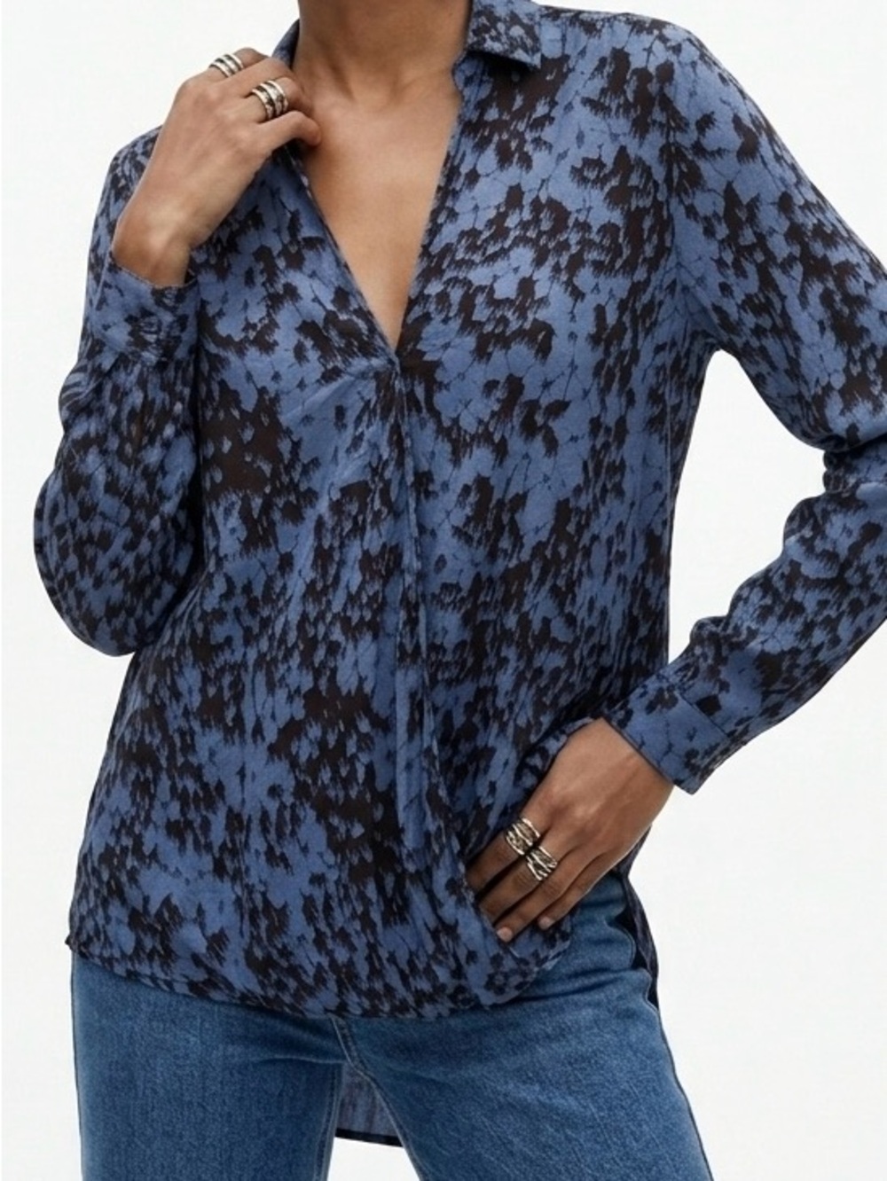 Rock & Republic Blue Black Faux Wrap High Low Blouse L